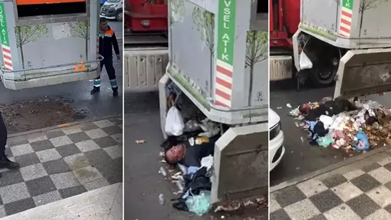 Kadıköy'de çöp konteynerine giren şahıs, vinçle kurtarıldı