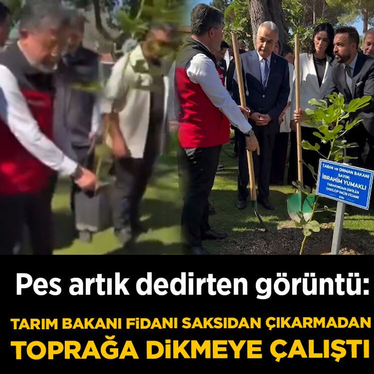 Pes artık dedirten görüntü: Tarım Bakanı fidanı saksıdan çıkarmadan toprağa dikmeye çalıştı