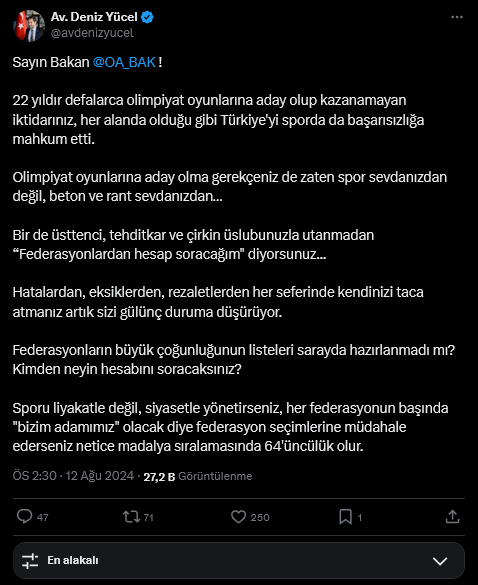 Screenshot 2024 08 13 At 10 07 00 1 Xte Av Deniz Yucel Sayin Bakan Oa Bak 22 Yildir Defalarca Olimpiyat Oyunlarina Aday Olup Kazanamayan Iktidariniz Her Alanda Oldugu Gibi Turkiyeyi Sporda Da Basarisizliga M