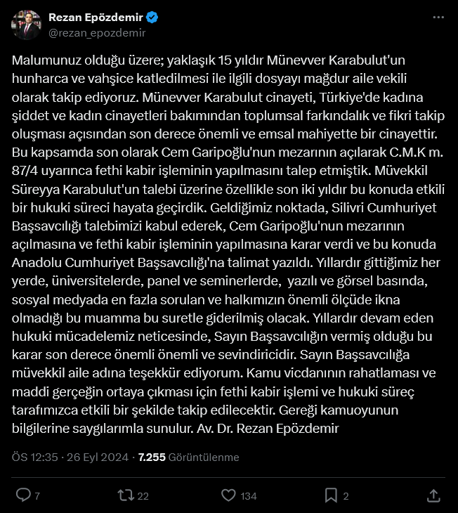 Screenshot 2024 09 26 At 12 59 51 2 Xte Rezan Epozdemir Malumunuz Oldugu Uzere Yaklasik 15 Yildir Munevver Karabulutun Hunharca Ve Vahsice Katledilmesi Ile Ilgili Dosyayi Magdur Aile Vekili Olarak Takip Ediyoruz M