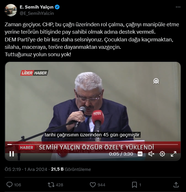 Screenshot 2024 12 02 At 11 28 06 1 Xte E Semih Yalcin Zaman Geciyor Chp Bu Cagri Uzerinden Rol Calma Cagriyi Manipule Etme Yerine Terorun Bitisinde Pay Sahibi Olmak Adina Destek Vermeli Dem Partiye De Bir Kez Dah