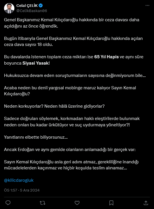 Screenshot 2024 12 05 At 13 58 23 Xte Celal Celik Genel Baskanimiz Kemal Kilicdaroglu Hakkinda Bir Ceza Davasi Daha Acildigini Az Once Ogrendik Bugun Itibariyla Genel Baskanimiz Kemal Kilicdaroglu Hakkinda Acilan