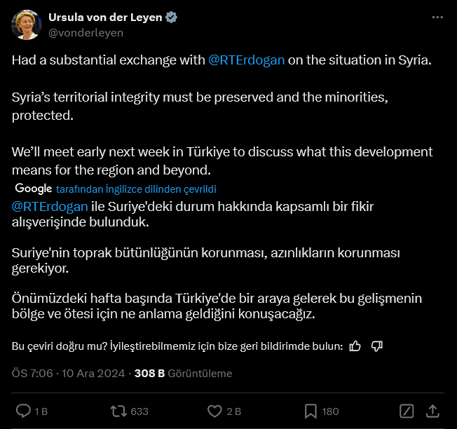 Screenshot 2024 12 11 At 09 31 38 1 Xte Ursula Von Der Leyen Had A Substantial Exchange With Rterdogan On The Situation In Syria Syrias Territorial Integrity Must Be Preserved And The Minorities Protected Well Mee