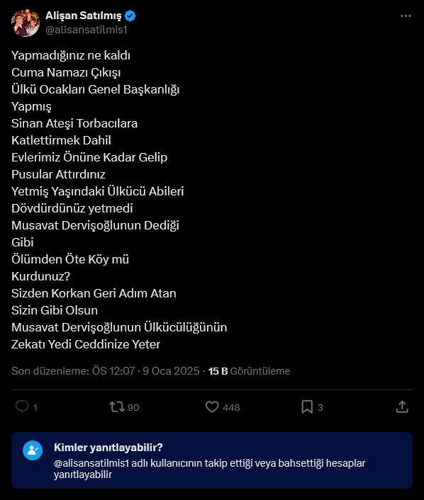 Screenshot 2025 01 09 At 13 52 56 1 Xte Alisan Satilmis Yapmadiginiz Ne Kaldi Cuma Namazi Cikisi Ulku Ocaklari Genel Baskanligi Yapmis Sinan Atesi Torbacilara Katlettirmek Dahil Evlerimiz Onune Kadar Gelip