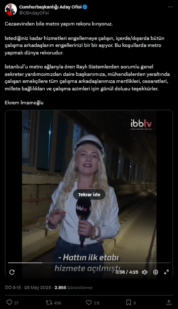 Screenshot 2025 05 28 At 09 30 33 1 Xte Cumhurbaskanligi Aday Ofisi Cezaevinden Bile Metro Yapim Rekoru Kiriyoruz Istediginiz Kadar Hizmetleri Engellemeye Calisin Icerde Disarda Butun Calisma Arkadaslarim E