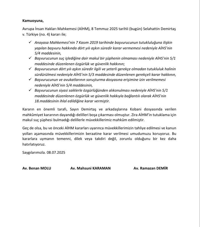 Aihm Den Demirtas Hakkinda Yeni Ihlal Karari Avukatlari Aciklama Yapti